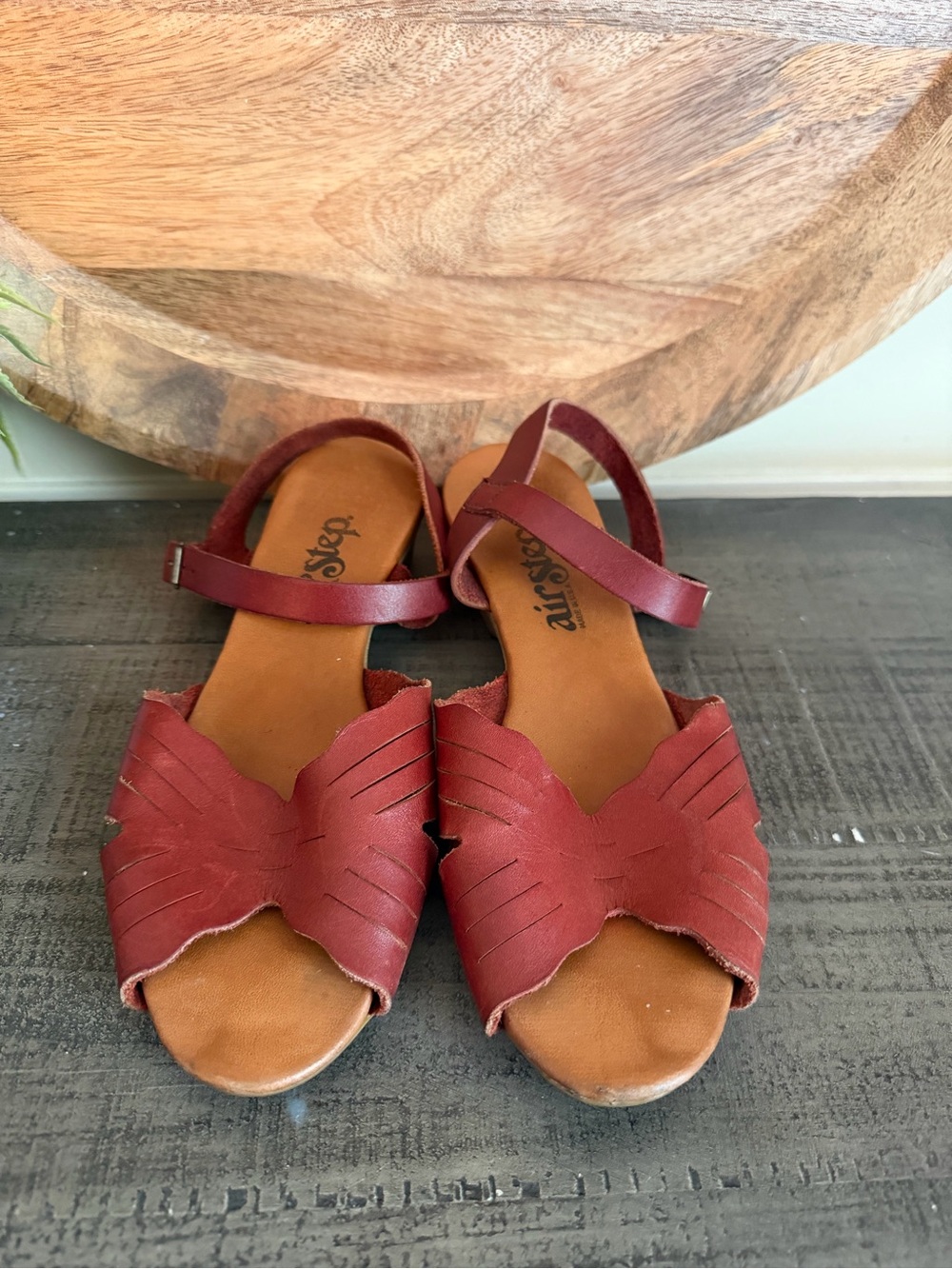 Women's Red Leather Woven Slide Sandals with Ankle Strap